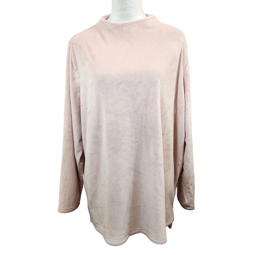 Lands End Womens Pink Velour Mock Neck Long Sleeve Tunic Top Plus Size 2X Blouse